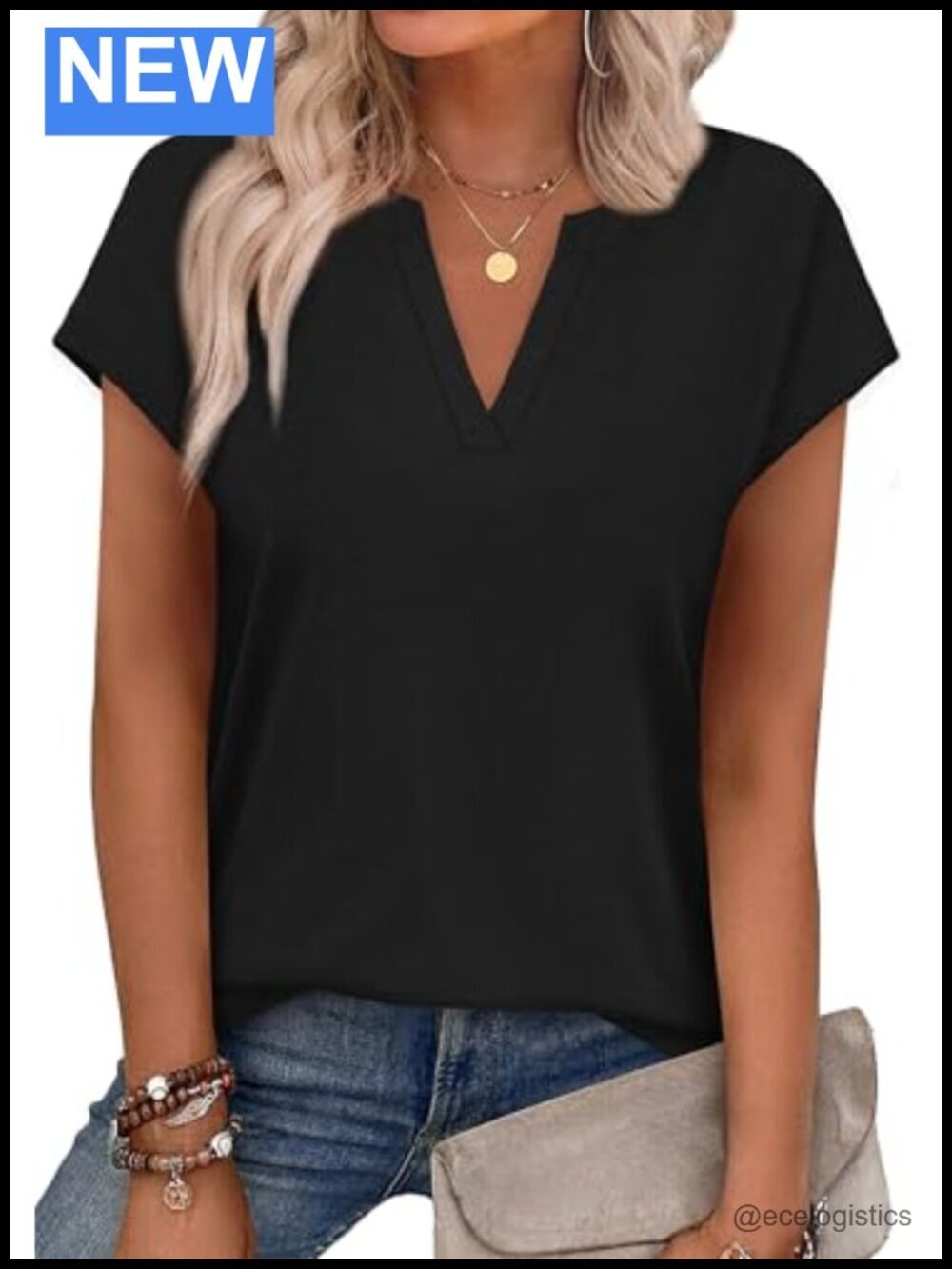 V Neck Cap Sleeve T Shirt Business Casual Loose Fit Summer Top